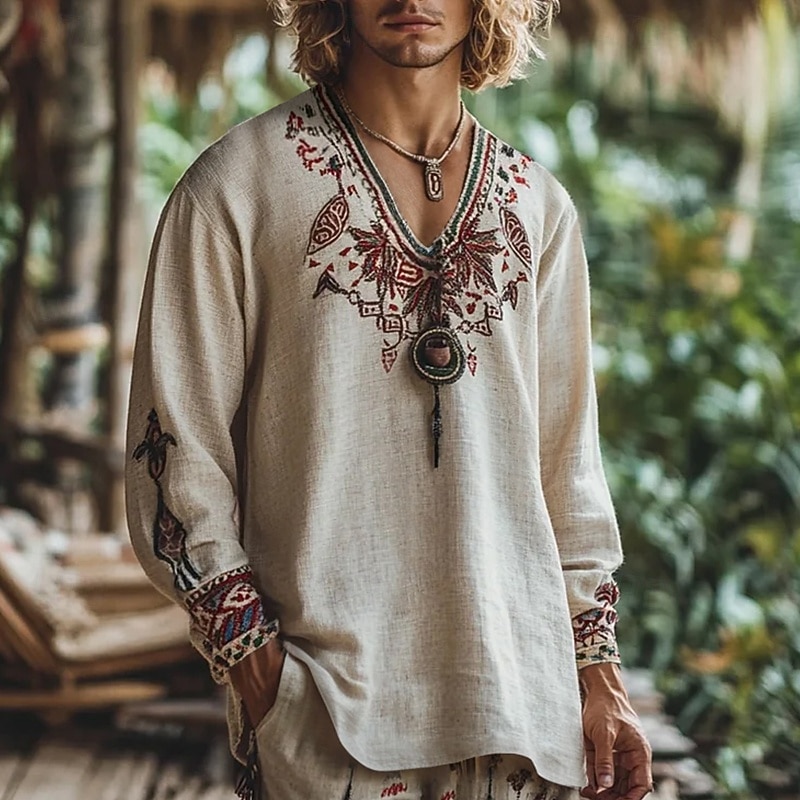 Men's Shirt Linen Shirt Popover Shirt Summer Shirt Retro Shirts Ethnic Shirt Geometric Vacation Street Khaki Long Sleeve V Neck Summer Spring Clothing Apparel