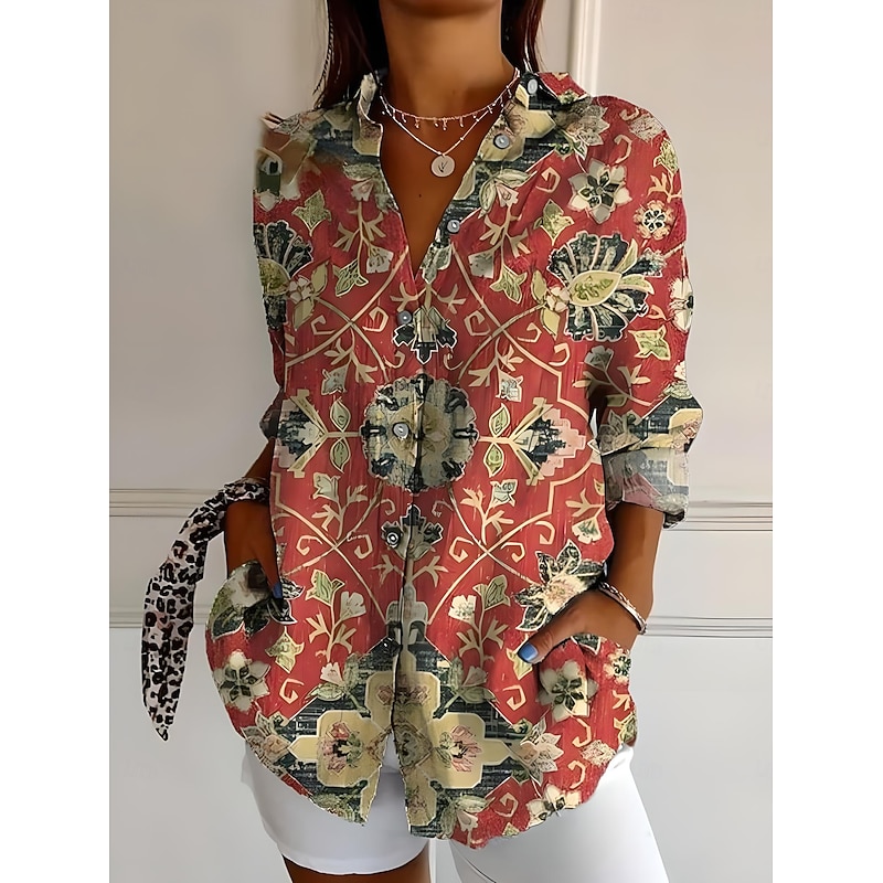 Women's Shirt Button Down Tunic Shirt Collar Long Sleeve Floral Graphic Geometric Casual Regular Tops Work Daily Holiday s Print Denim Blue Black Orange Light Blue Spring2