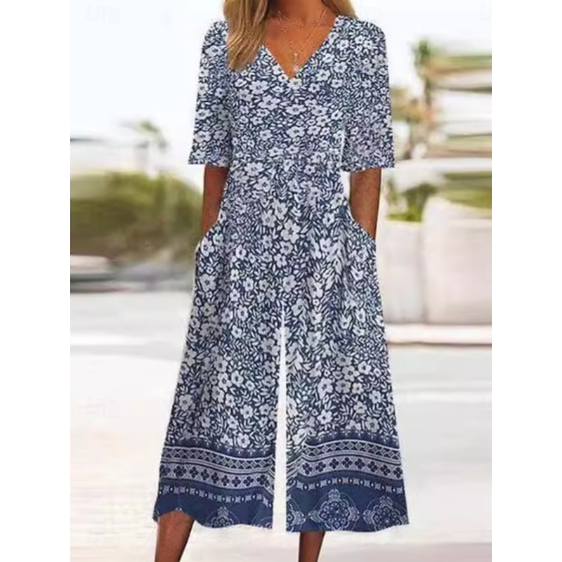 Women's Normal Jumpsuit Active Floral 3/4 Length Sleeve Wide Leg V Neck High Waist Vacation Daily Regular Fit Black Red Blue Summer2