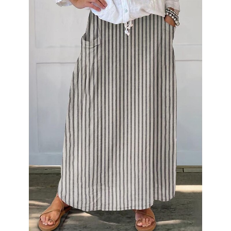 Women's Skirt A Line Bohemia Vintage Casual Maxi High Waist Skirts Striped Pocket Print Micro-elastic Street Daily Blue Brown Apricot Gray Summer Polyester Cotton Blend2