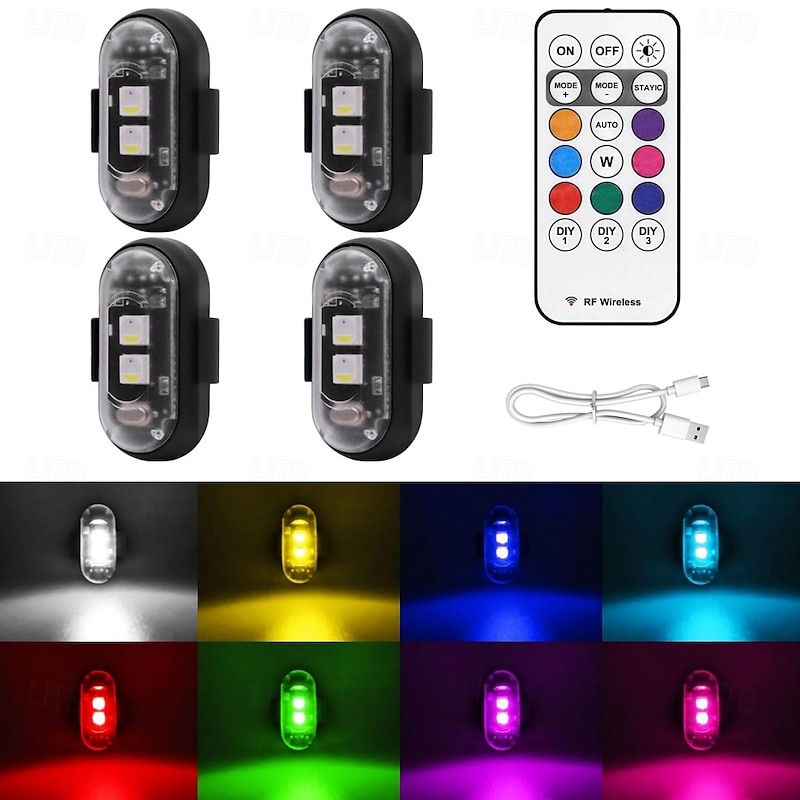 Wireless LED Strobe Lights with Remote Control 8 Colors USB Charing Waterproof Anti-Collision LED Emergency Warning Lights for Car Motorcycle Drone Aircraft Bike 4pcs
