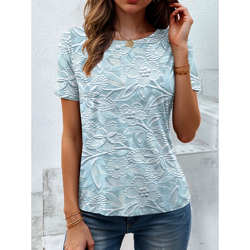 Women's T Shirt 3D Print Floral Graphic Plants Vintage Stylish Classic Short Sleeve Crew Neck Round Neck Regular Tops Daily Print Pink Khaki Light Blue Summer3
