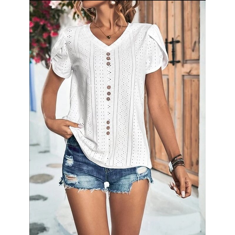 Women's T Shirt Plain Fashion Modern Casual Short Sleeve V Neck Regular Tops Daily Weekend Eyelet White Yellow Light Brown Purple Green Summer3