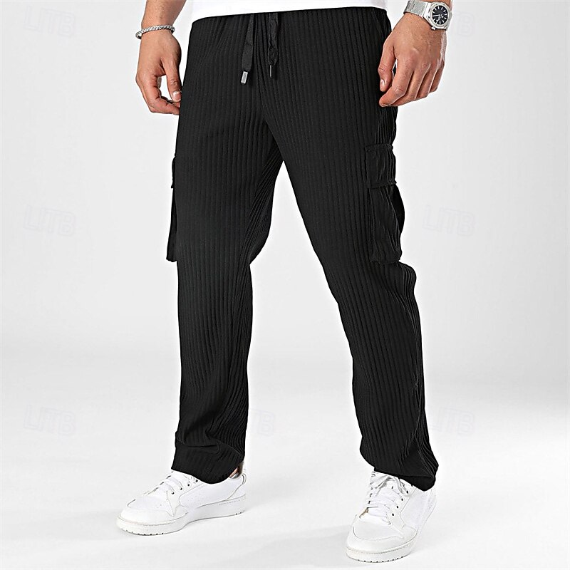 Men's Corduroy Pants Trousers Casual Pants Pocket Drawstring Elastic Waist Plain Comfort Sports Outdoor Daily Fashion Casual Black White Micro-elastic2