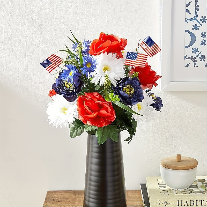Patriotic Artificial Flowers 4th of July Bouquet Fake Independence Day Red White and Blue Cemetery Flowers with American Flags Roses Daisy for Grave Memorial Day  Veterans Decoration2
