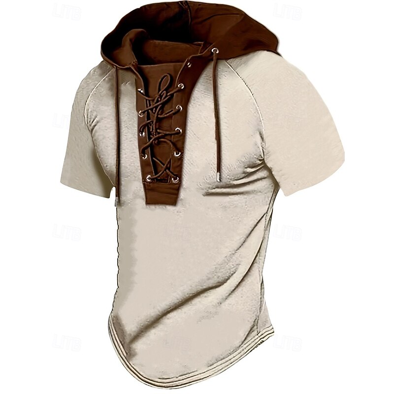 Men's T Shirt Tee Short Sleeve Shirt Tee Top Short Sleeve Hooded Summer Plain Fashion Designer Basic Lace up Vacation Street Going out Apricot Black Top Tee for Men