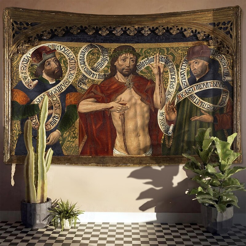 Medieval Tapestry Middle Age Tapestry Religious Art Large Tapestry Mural Decor Photograph Backdrop Home Bedroom Living Room Decoration Christ of Mercy between the Prophets David and Jeremiah3