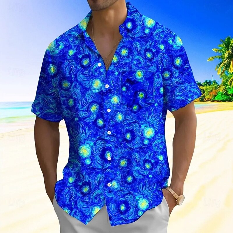 Men's Starry Sky Shirt Summer Shirt Button Up Shirt Short Sleeve Fashion Casual Outdoor Vacation Dailywear Summer Spring Turndown 3D Print Collared Shirts Front One Pocket Blue