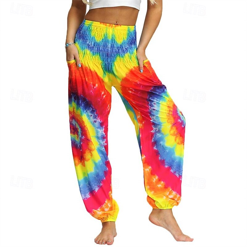 Retro Vintage Boho 1970s Harem pants Yoga Pants Hippie Tie Dye Smocked Waist Rainbow Fancy Dress Women's Halloween Carnival Pride Parade Pride Month Festival Adults' Pants