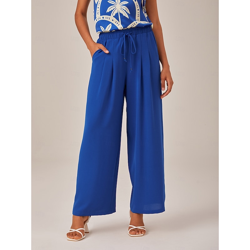 Elastic Waist Drawstring Wide Leg Resort Pants