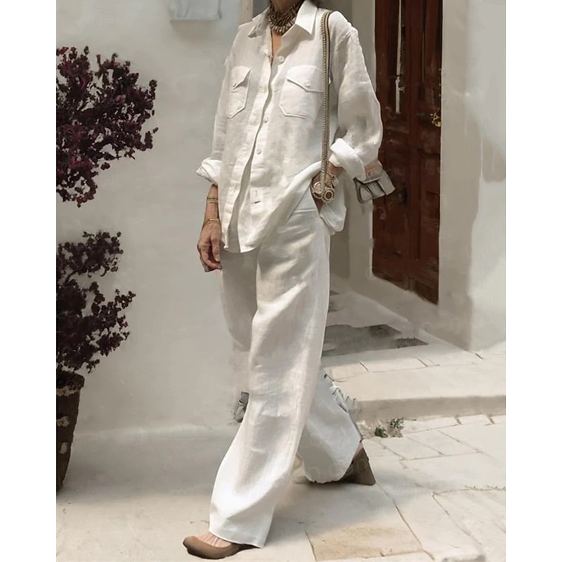 Women's Fashion Streetwear Pants Sets Long Sleeve Shirt Collar Plain Daily Wear Date White Pink Army Green Summer Regular Fit2