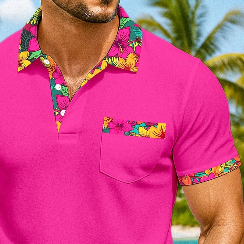 Men's Polo Golf Shirt Casual Holiday Lapel Short Sleeve Fashion Basic Floral Hawaii Patchwork Pocket Summer Spring Regular Fit Black White Fuchsia Turquoise Polo2