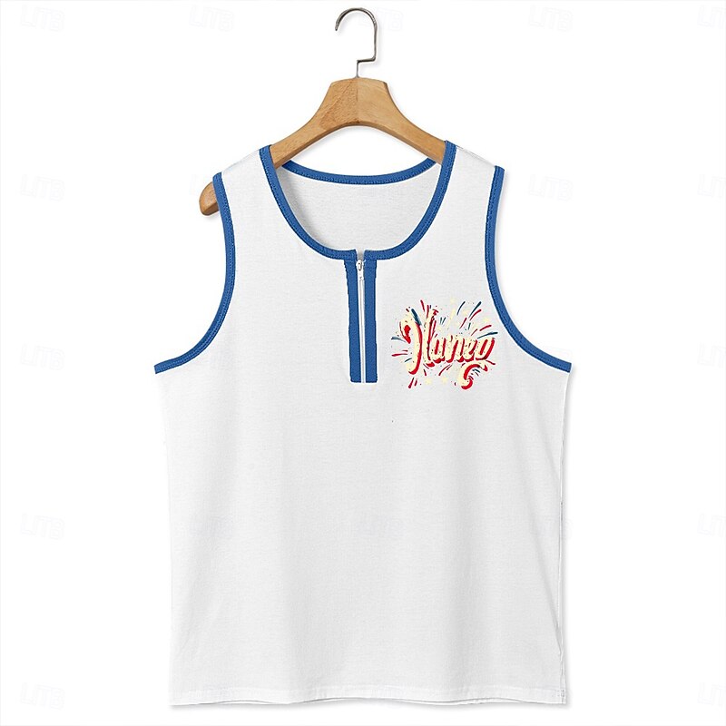 Men's Tank Top Vest Undershirt Sleeveless Shirt Sleeveless U Neck Summer Patchwork Independence Day Fashion Sporty Classic Zipper Street Casual Sports Black White Navy Blue Top Tee for Men3