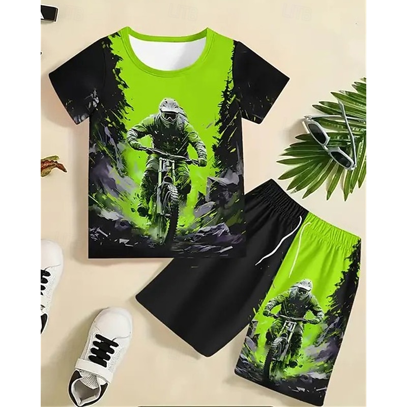 2 Pieces Kids Boys Suit T-shirt & Shorts Outfit Graphic Short Sleeve Crewneck Set Outdoor Sports Fashion Summer 4 years+ Black Green Light Blue