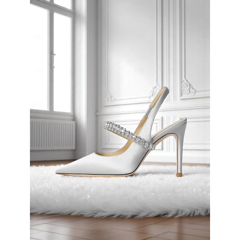 Women's Champagne Satin Slingback Heels with Rhinestone - Elegant Pointed Toe Stilettos for Cocktail Parties and Formal Occasions