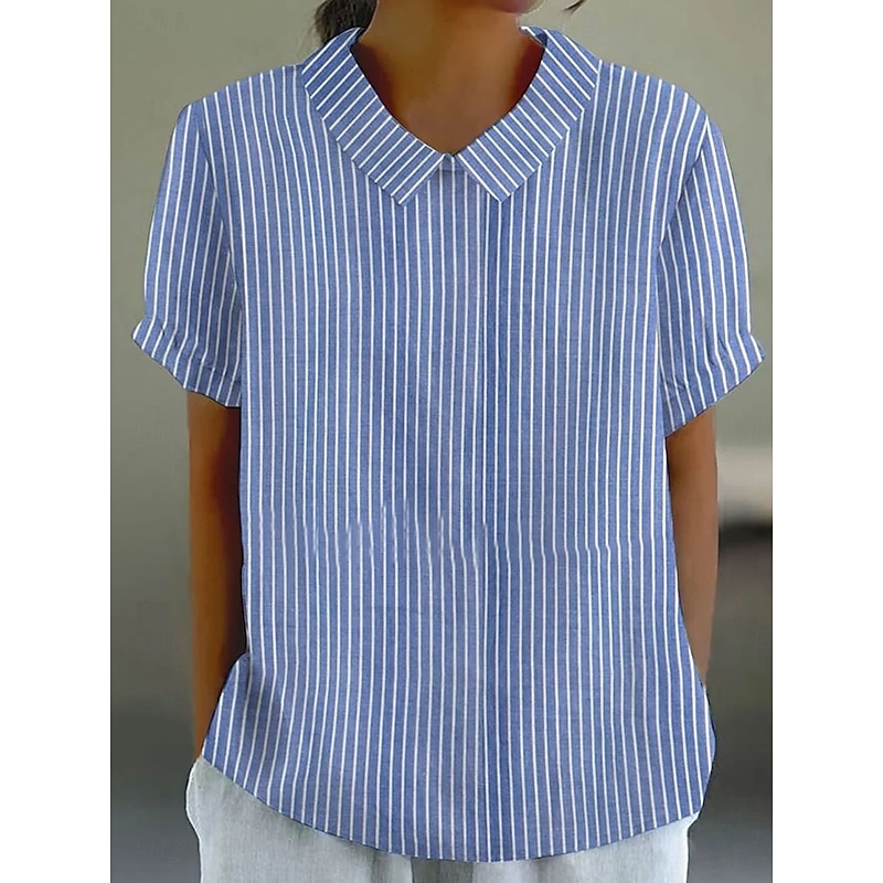 Women's Blouse Graphic Striped Stylish Casual Short Sleeve Peter Pan Collar Regular Tops Work Daily Print Pink Blue Green Gray Summer Spring