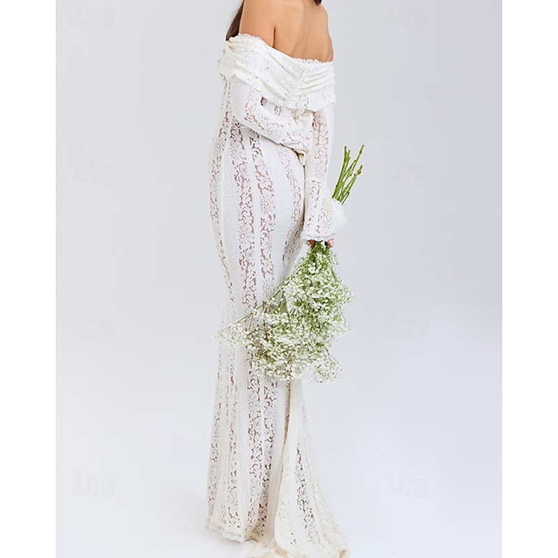 Women's Long Dress Maxi Dress Lace Dress Prom Dress Party Dress Elegant Fashion Party Special Occasion Evening Party Regular Fit Plain Long Sleeve Off Shoulder Black White Summer4