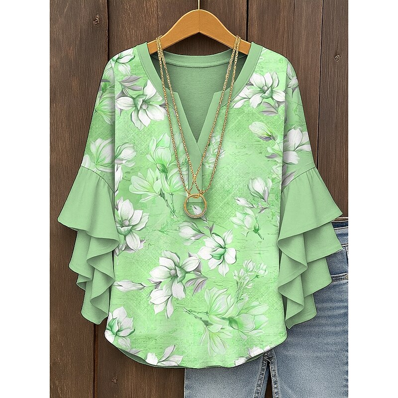 Women's Blouse V Neck Layered Ruffle Sleeve Tops Floral Graphic Bohemia Vintage Daily 3/4 Length Sleeve Regular Tops Daily Holiday Vacation Wear Print Pink Blue Purple Green Summer Spring Fall4