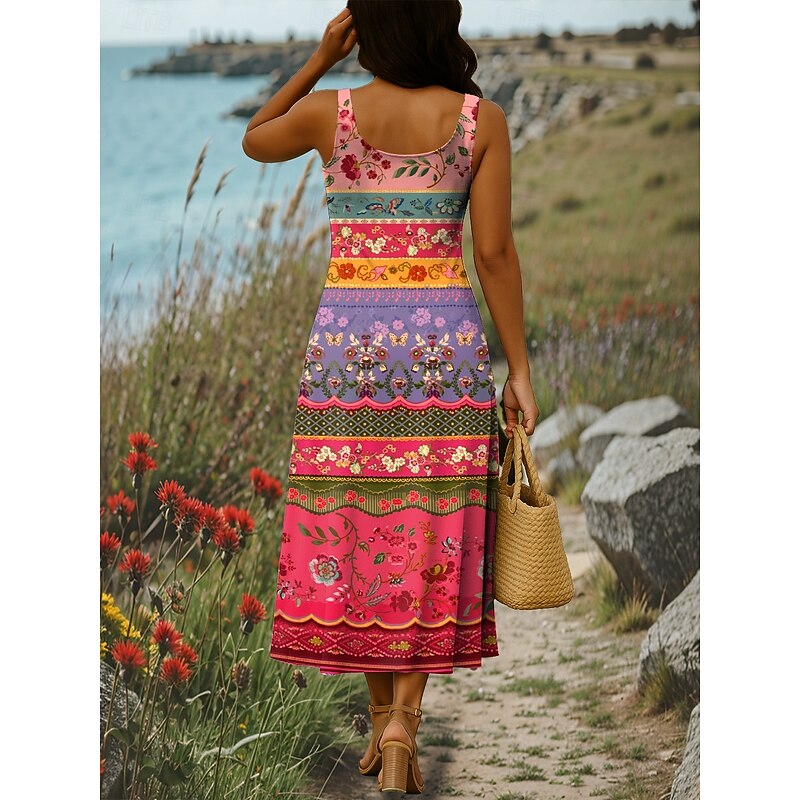 Women's Maxi Dress A Line Dress Off The Shoulder Dress Vacation Casual Boho Party Going out Beach Standard Fit Graphic Tribal Sleeveless Square Neck Black White Red Blue Summer Spring3