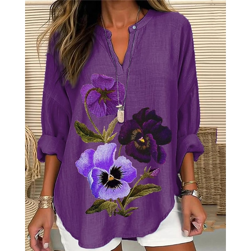 Women's Shirt Flower Daily Stylish Basic Long Sleeve V Neck Regular Tops Daily Holiday Print White Lavender Purple Spring Fall2