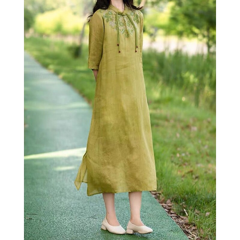 Women's Midi Dress Cotton Linen Dress Floral Dress Fashion Modern Vacation Daily Holiday Regular Fit Flower Half Sleeve Stand Collar Pink Blue Green Apricot Summer4