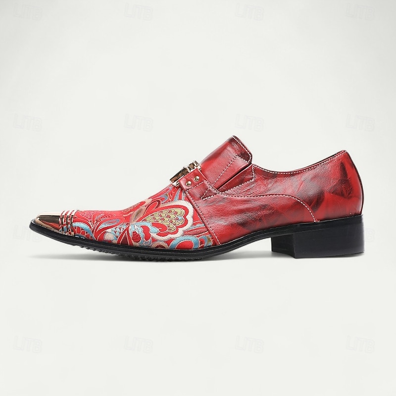 Men's Red and Gold Leather Dress Shoes with Gold Tip Paisley Pattern and Buckle Detail–Stylish, Premium, Perfect for Formal Events and Special Occasions4