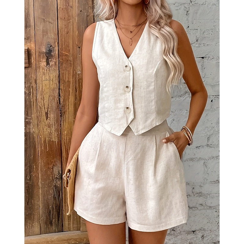 Women's Active Fashion Cotton Linen Sets Blouse Shorts Sets Sleeveless V Neck Solid Color Dubbele Rij Knopen Holiday Weekend Beige Summer Regular Fit2