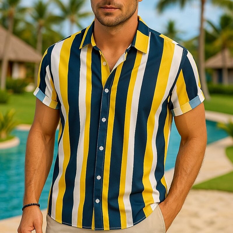 Men's Summer Shirt Casual Shirt Bowling Shirt Button Up Shirt Yellow Red Blue Green Short Sleeve Color Block Stripes Turndown Vacation Hawaiian Patchwork Clothing Apparel Polyester Fashion Casual