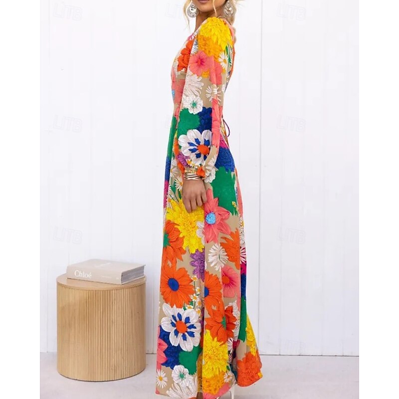 Women's Long Dress Maxi Dress Floral Dress Boho Dress Print Dress Fashion Classic Modern Outdoor Vacation Holiday Regular Fit Flower Long Sleeve Crew Neck Yellow Summer2