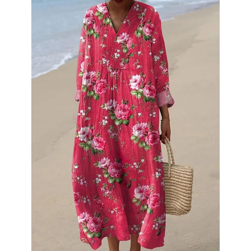 Women's Midi Dress V Neck Long Sleeve Kaftan Lightweight Loose Fit A Line Dress Casual Boho Party Going out Floral Graphic Long Sleeve V Neck Gray Green Dark Pink off-white Pink / White2