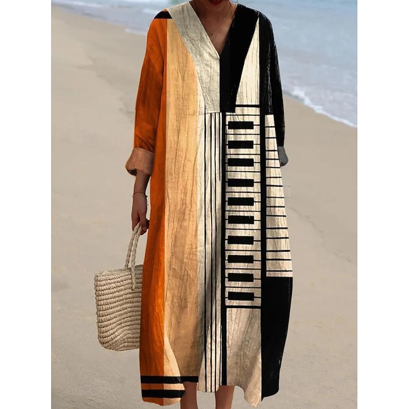Women's Midi Dress V Neck Long Sleeve Kaftan Lightweight Loose Fit A Line Dress Casual Boho Going out Loose Fit Graphic Long Sleeve V Neck Black Blue Orange Khaki4