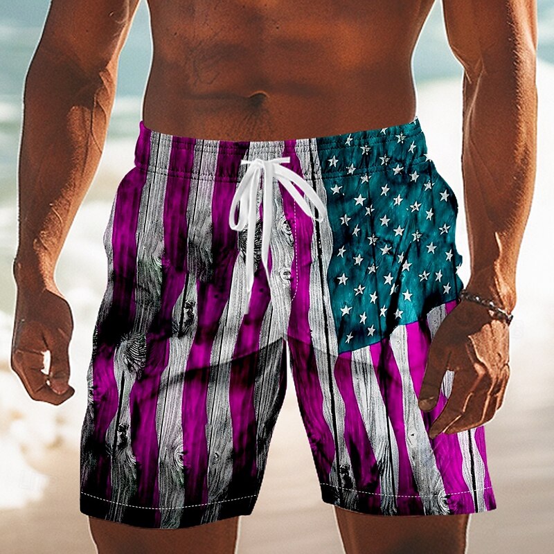 Independence Day Men's US Flag Patriotic Fourth of July Swim Trunks Swim Shorts Board Shorts Mid Waist Hawaiian Holiday Side Pockets Mesh Lining Elastic Drawstring Waist Designer Clothing Apparel3