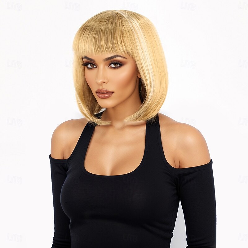Synthetic Wig kinky Straight Natural Straight Asymmetrical Neat Bang Machine Made Wig 12 inch A1 Synthetic Hair Women's Classic Comfortable Color Gradient Yellow4