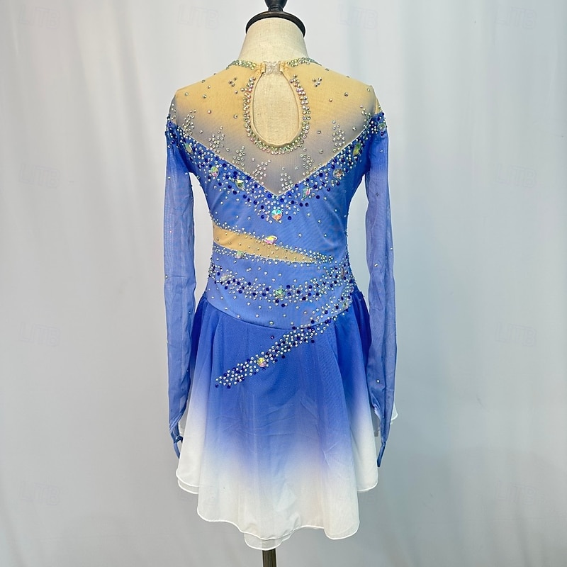 Figure Skating Dress Women's Girls' Ice Skating Dress BlueLight Blue Patchwork Thumbhole Stretchy Training Practice Professional Skating Wear Crystal / Rhinestone Long Sleeve Ice Skating Figure2