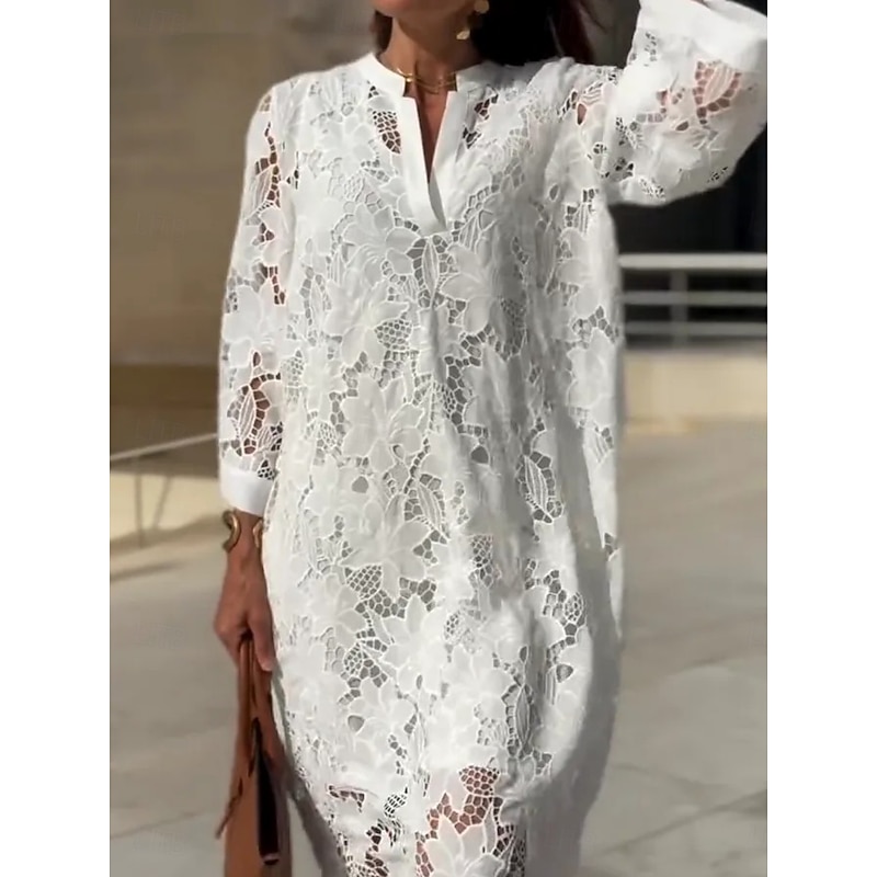 Women's Maxi Dress Shift Dress Summer Dress Casual Daily Regular Fit Plain 3/4 Length Sleeve Notched Neck White Summer2