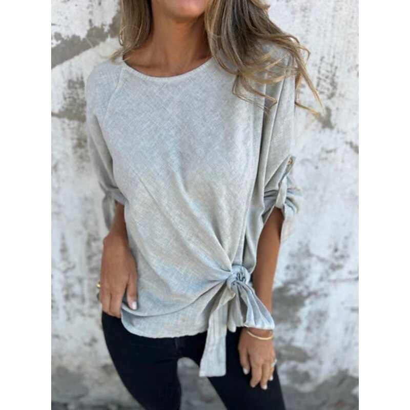 Women's Cotton Linen Shirts Plain Daily Modern 3/4 Length Sleeve Crew Neck Regular Tops Daily Holiday Lace up White Sky Blue Gray Summer
