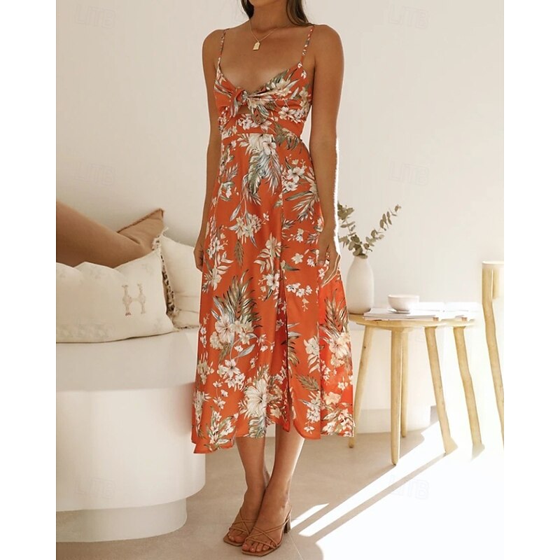 Women's Midi Dress Floral Dress Slip Dress Print Dress Modern Outdoor Daily Holiday Regular Fit Flower Sleeveless Spaghetti Strap Orange Green Summer3
