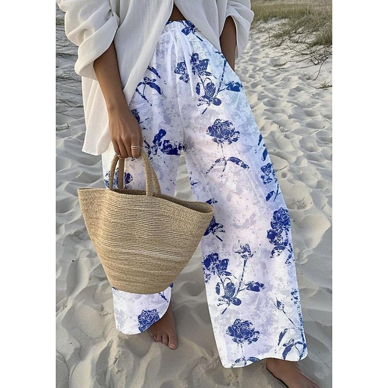 Women's Wide Leg Chinos Baggy Pants Vacation Fashion Hawaiian Full Length High Waist Floral Graphic Drawstring Printing Soft Breathable Micro-elastic Vacation Street Causal Sky Blue And White White4