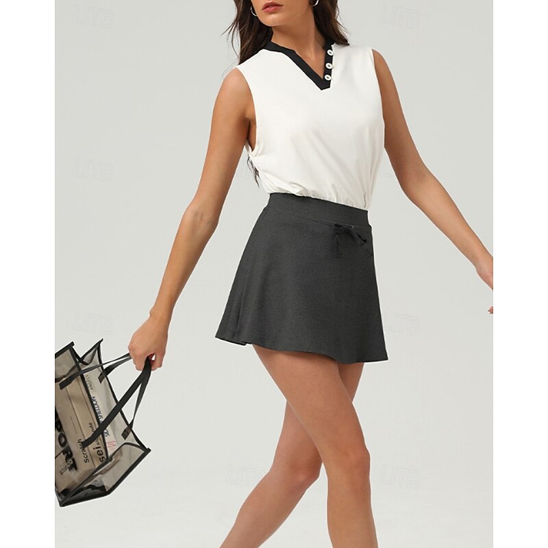 Women's Patchwork Tennis Top Sleeveless Contrast Binding Breathable Tennis Pickleball V Neck Top Black White Tennis Clothing4