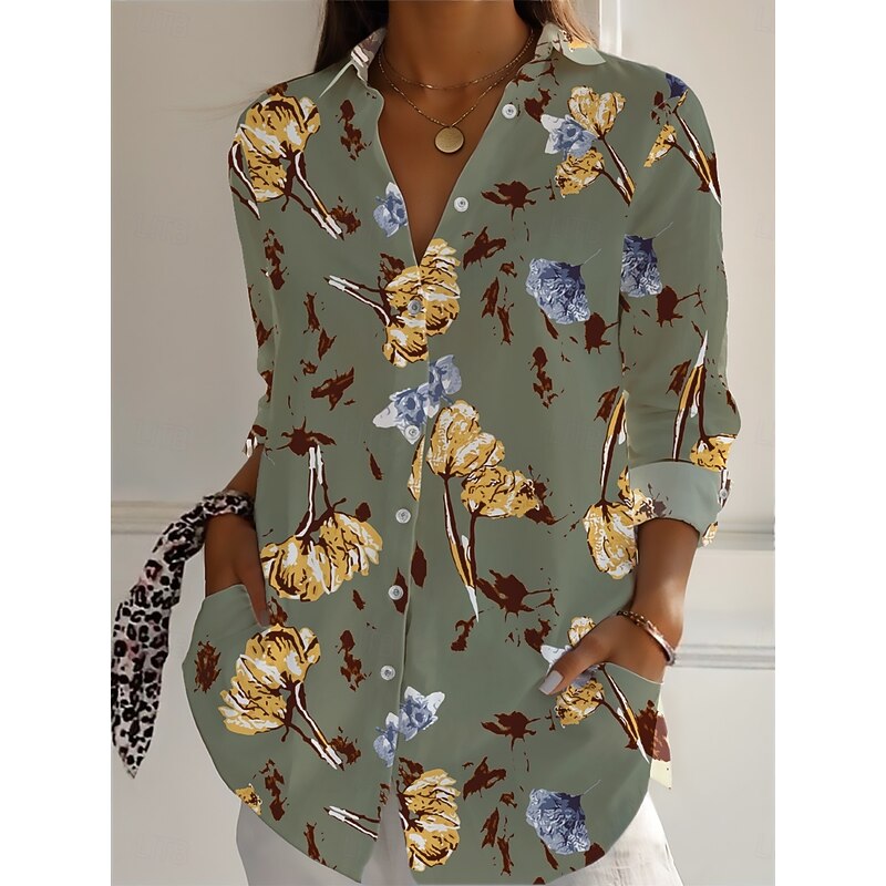 Women's Cotton Linen Shirts Plaid Daily Casual Long Sleeve Shirt Collar Regular Tops Daily Holiday Buttons Print Army Green Apricot Summer4