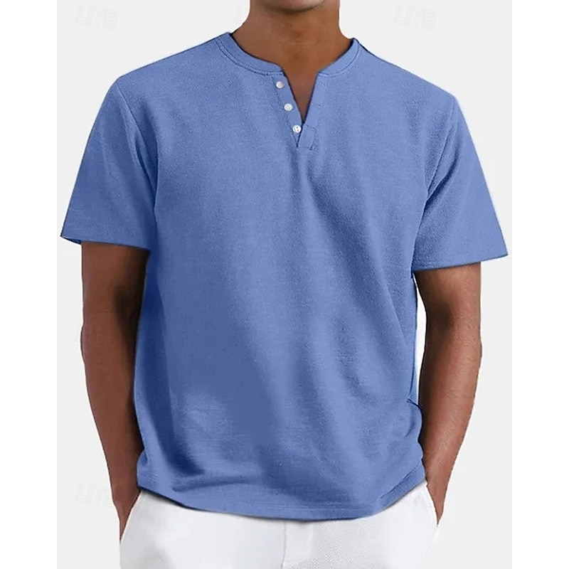 Men's T Shirt Henley Shirt Tee Short Sleeve Shirt Short Sleeve Henley Summer Plain Fashion Designer Basic Buttons Vacation Street Going out Apricot Black White Top Tee for Men3