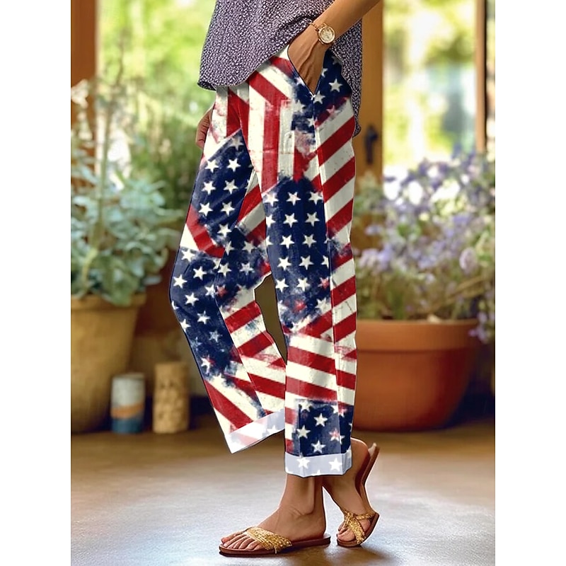 Women's Patriotic  Skinny Vacation Vintage Stylish Full Length High Waist Pants Graphic Flag Printing Breathable Soft Red Dark navy Royal Blue Summer4