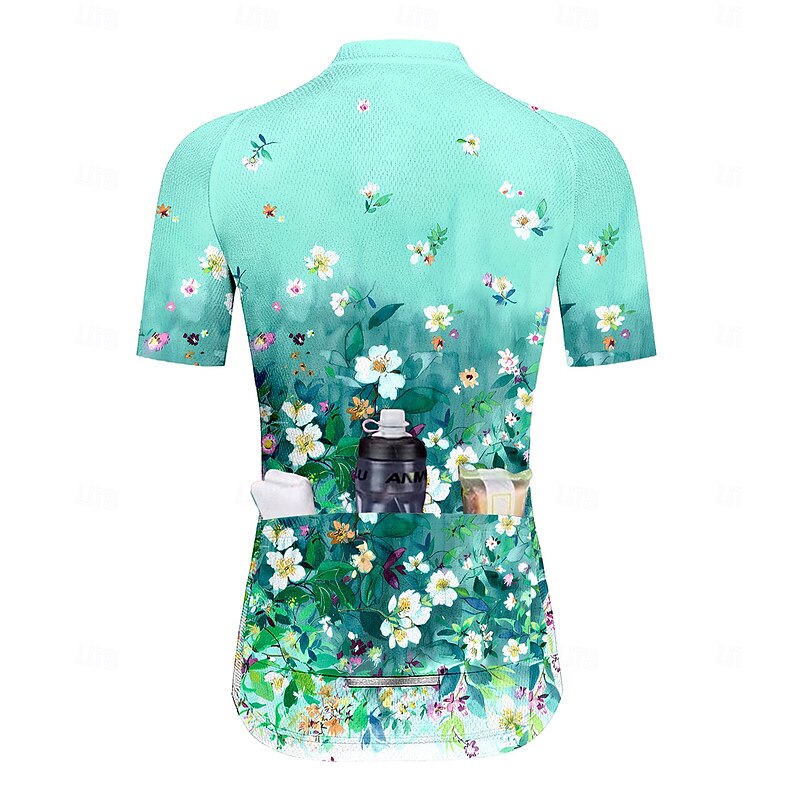 Women's Cycling Jersey Graphic Gradient Floral Botanical Short Sleeve Bike Jersey Top with 3 Rear Pockets Sunscreen UV Resistant Quick Dry Reflective Strips Sports Green Clothing Apparel2