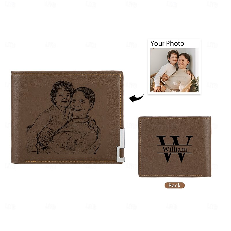 Personalized Photo Engraved Leather Wallet Custom Best Gift for Dad, Name and Initial on Back, Father's Day, Birthday, Anniversary, Christmas Gift for Him, Personalized for Men
