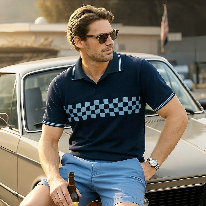 Men's Polo Work Business Seagull collar Short Sleeve Vacation Vintage Checkered Buttons Printing Summer Spring Regular Fit Navy Blue Polo2