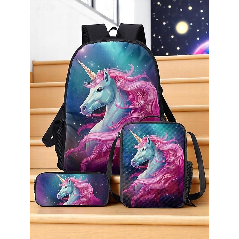 Girls 3-Piece Unicorn Backpack Set - Galaxy Print School Bag with Lunch Bag Crossbody Bag and Pencil Case for Elementary School Students and Back to School - Main Image