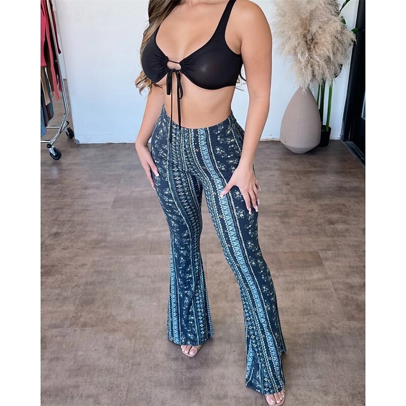 Women's Bell Bottom Slacks Fashion Boho Full Length Natural Flower Printing Comfy Outdoor Comfortable Vacation Holiday Dark Brown White Yellow Blue Summer Regular Fit4