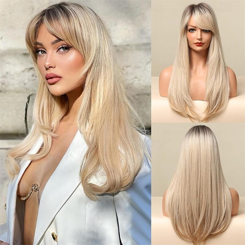 Ombre Golden Wig with Bangs - Long Straight Hair Dark Roots and Slight Inward Curls at the Ends - Heat Resistant Synthetic Hair for Women - Best for Daily Party and Special Occasions