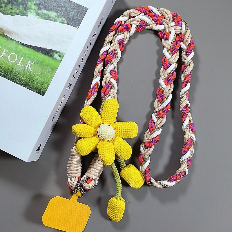 Cute Braided Phone Lanyard Strap with Plush Flower Charm – Soft Neck Rope for Phone Case3