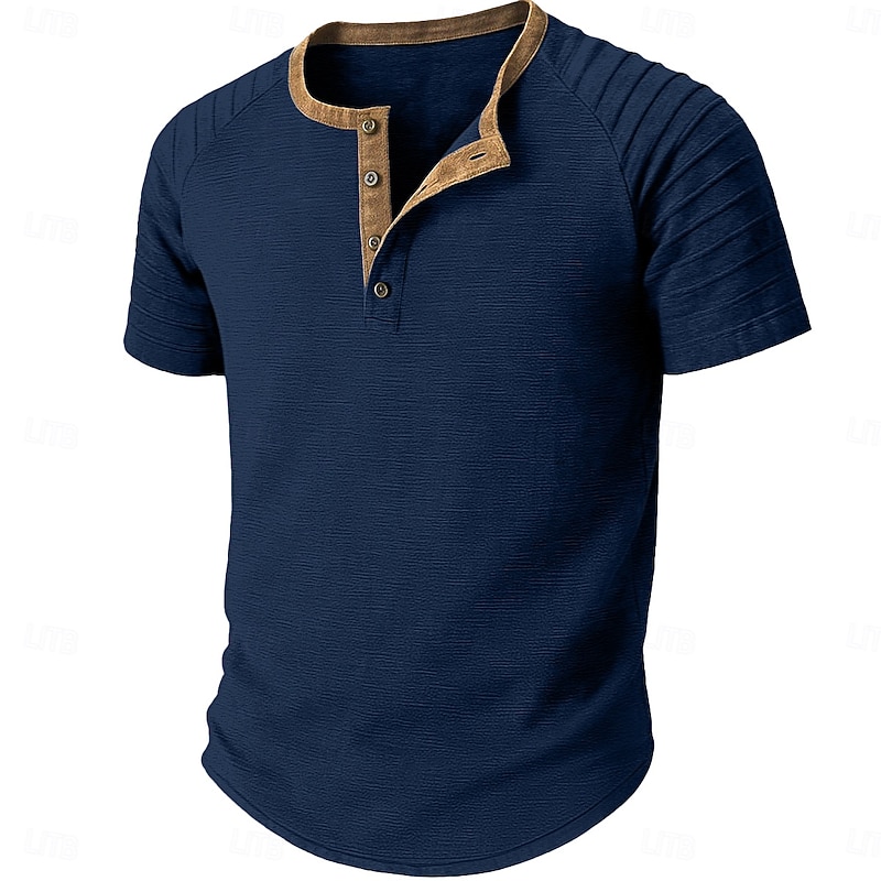 Men's Henley Shirt Tee Short Sleeve Patchwork Fashion Designer Casual Buttons Henley Outdoor Casual Daily Summer Spring Black Navy Blue Blue Henley T-Shirt